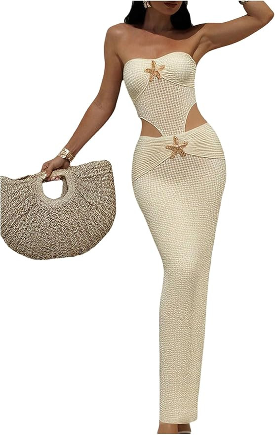 WDIRARA Women's Cut Out Crochet Bodycon Cover Up Dress Starfish Strapless Maxi Beach Dress | Amazon (US)