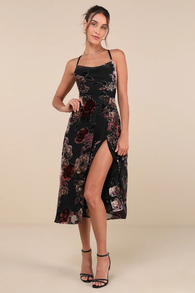 Exuberant Vibes Black Floral Velvet Burnout Tie-Back Midi Dress | Lulus
