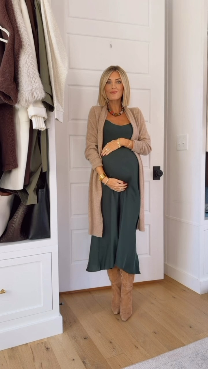 This maternity slip dress is a staple if you’re pregnant! I also linked the non maternity version as well! A slip dress is such a great piece to have in your closet, and it can be styled so many ways! Wearing XS in dress & S in cardigan!

Loverly Grey, Quince, slip dress, green dress, long cardigan, maternity outfit inspo 

#LTKBump