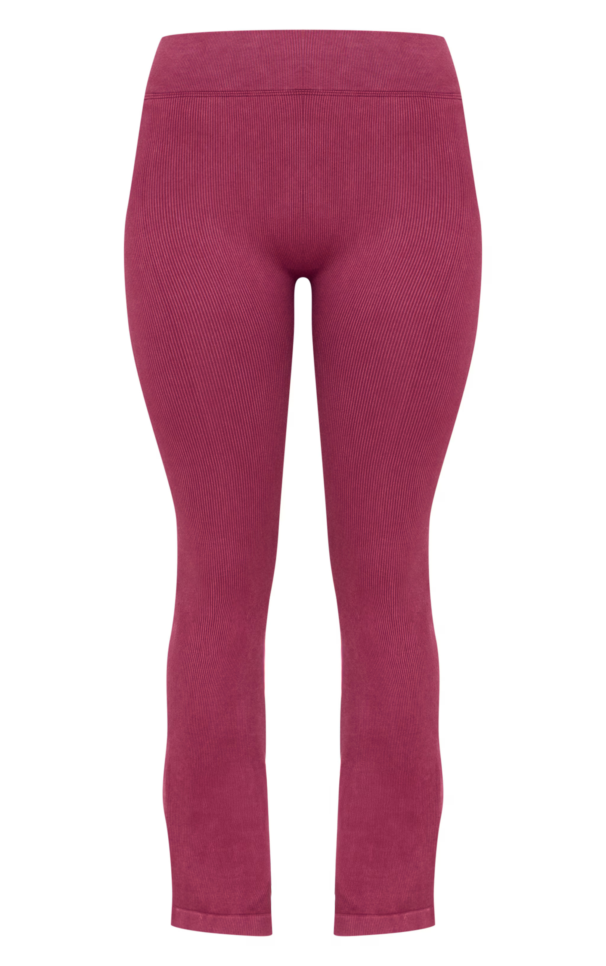 Deep Burgundy Acid Wash Seamless Rib Flare Yoga Pants | PrettyLittleThing US