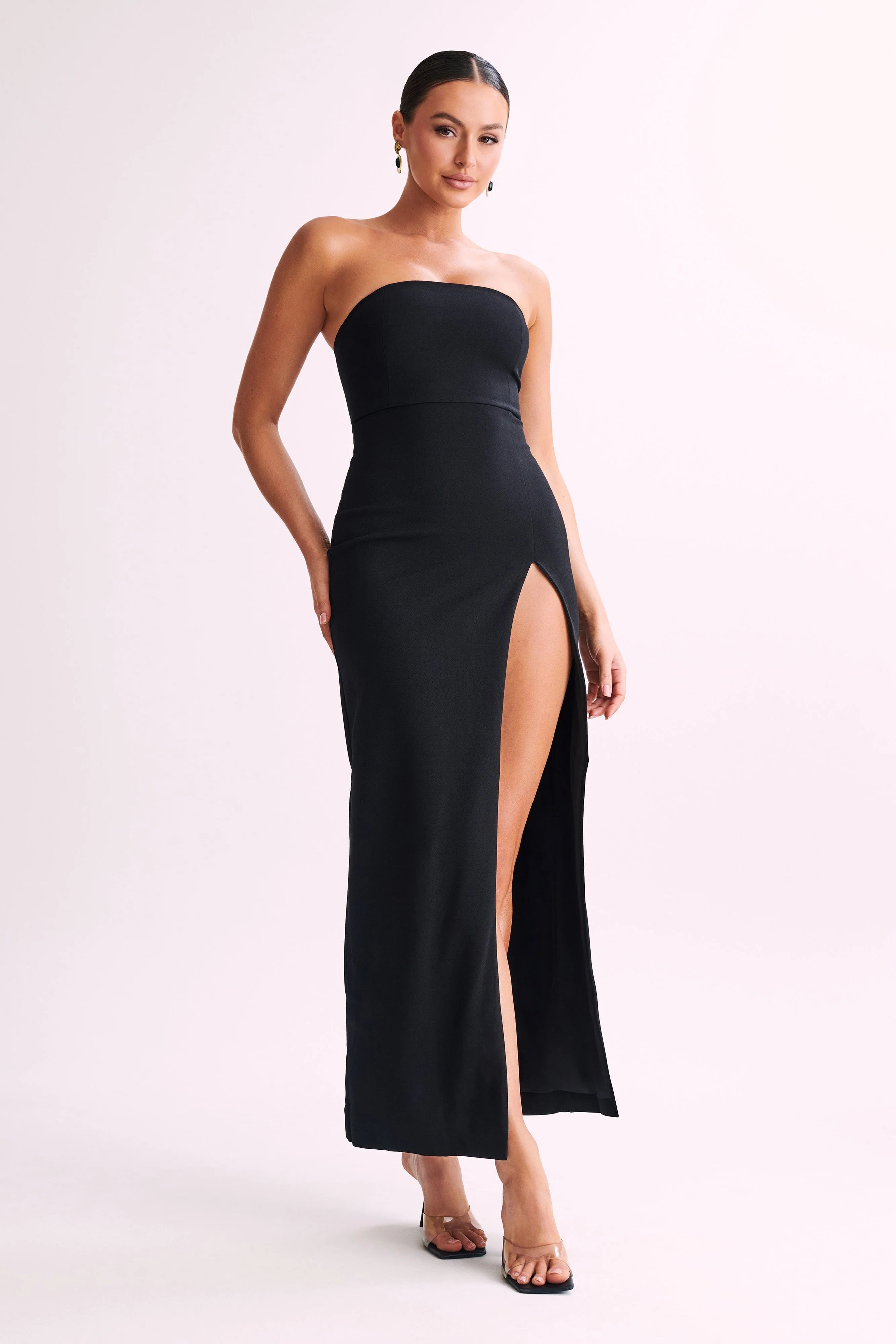 Rachel Maxi Split Front Dress - Black | MESHKI US
