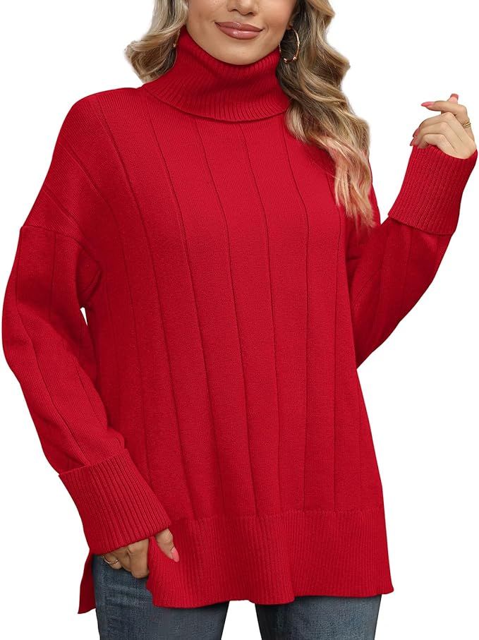 Glanzition Sweaters for Women Turtleneck Side Split Oversized Pullover Tops | Amazon (US)