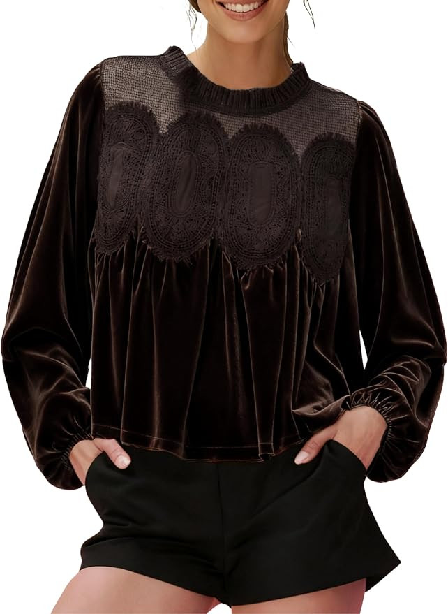 Gozoloma Women's Long Sleeve Velvet Trim Lace Blouse Elegant Flared Swing Top Round Neck Blouse C... | Amazon (US)