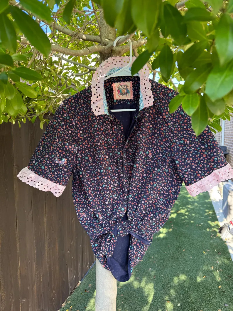 Upcycled Navy Floral Men\u2019s Large Pink Eyelet Ruffle Shirt With Blue Floral Ribbon Trim, One ... | Etsy (Global)