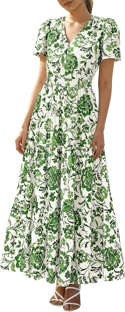 BTFBM Womens Summer Dresses 2026 V Neck Hollow Out Eyelet A Line Flowy Boho Beach Vacation Weddin... | Amazon (US)