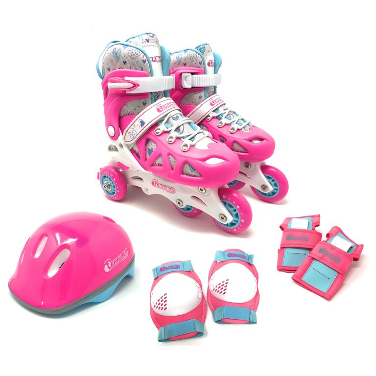 Chicago Skates Adjustable Inline Training Skate Combo Set Pink/White/Teal, Includes Skates, Helme... | Walmart (US)