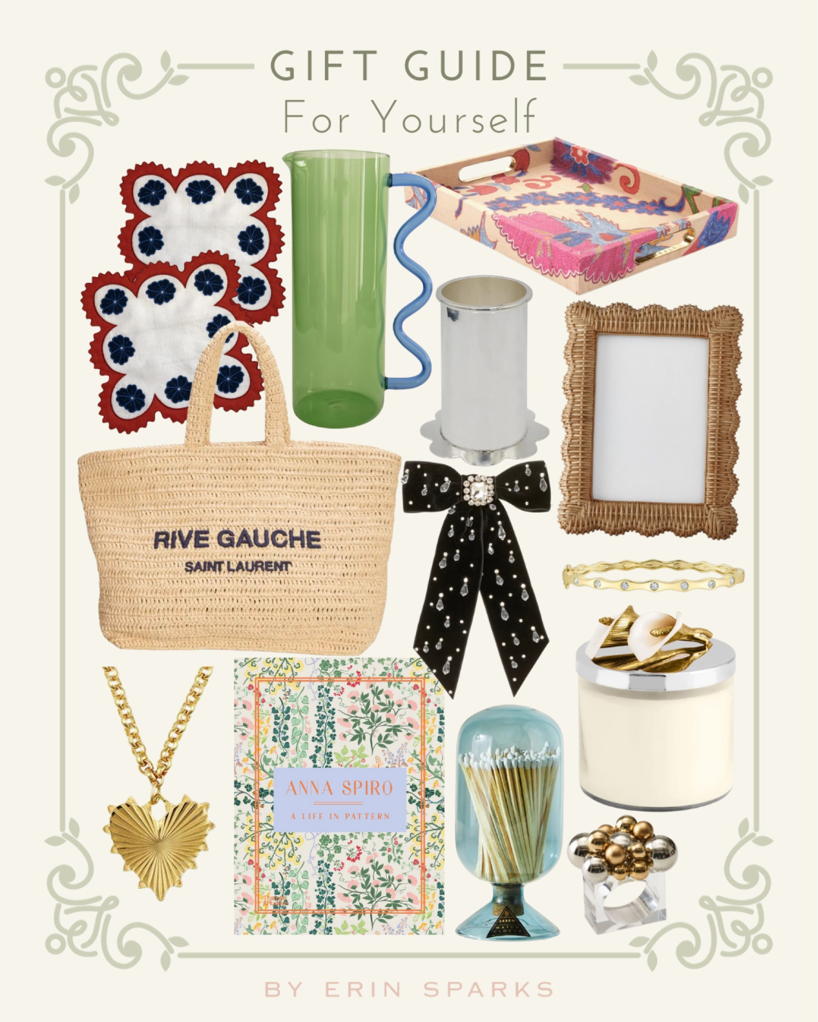 Gift guide for YOU!
Scalloped cocktail napkins, hair bow, heart charm necklace, match cloche, wicker frame, decorative tray, straw bag, bud vase, coffee table decor, napkin rings

#LTKHoliday #LTKitbag #LTKGiftGuide