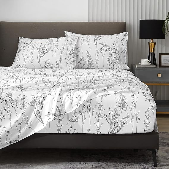 HYPREST Floral Bed Sheets King Size, 16 inches Deep Pocket Sheets 1800 Thread Count, Black and Wh... | Amazon (US)