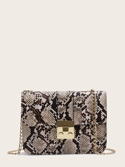 Snakeskin Print Flap Chain Bag | SHEIN