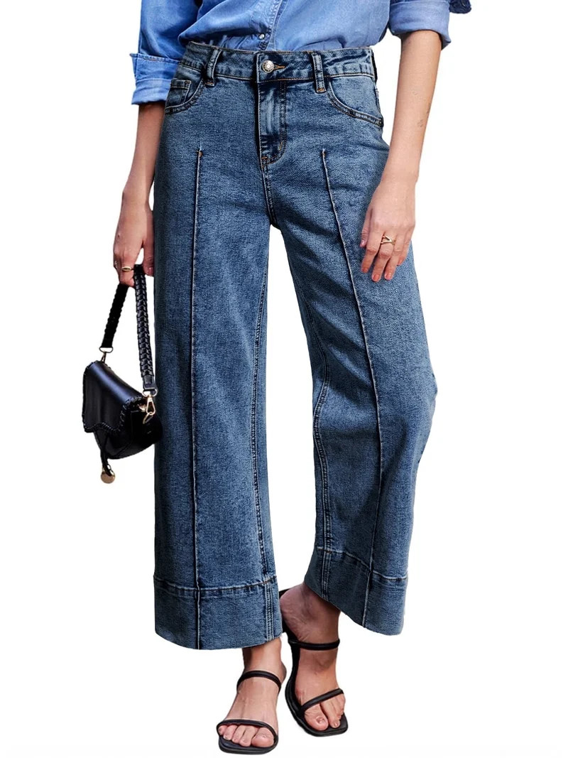 DOKOTOO Jeans for Women High Waisted Wide Leg Stretch Denim Cropped Ankle Jeans Vertical Seam Loo... | Walmart (US)
