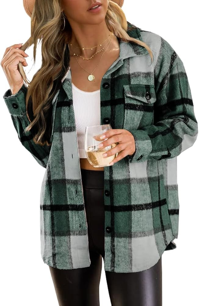 Trendy Queen Womens Flannel Shacket Jacket Casual Plaid Wool Blend Button Down Long Sleeve Shirt ... | Amazon (US)
