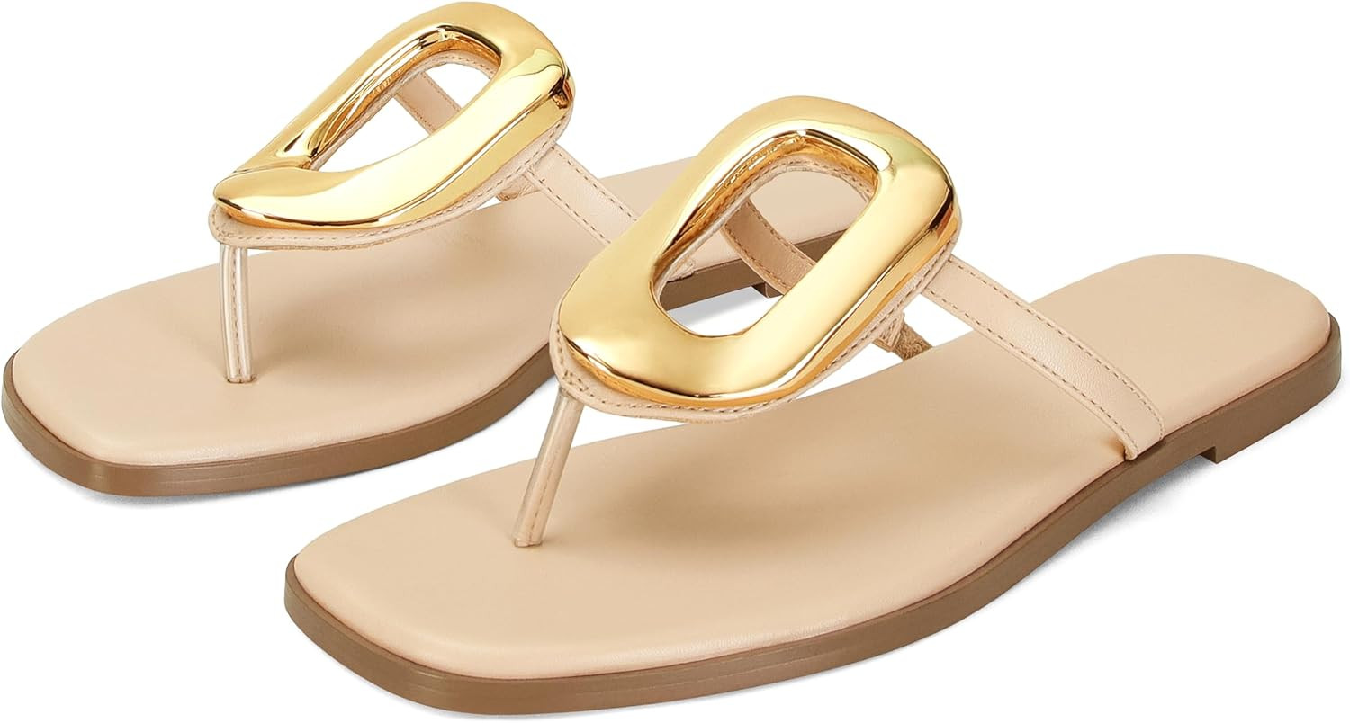 Flip-Flops for Women Thong Sandals Flat Slip on Slides Beach Comfort Open Square Toe Ladies Slipper Dressy Metal Hardware Decoration Summer Shoes Casual Fashion | Amazon (US)
