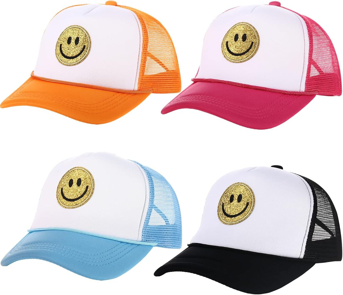 Preppy Hat Smile Hat Stylish Smile Face Sequins Printing Trucker Hat Adjustable Neon High Crown F... | Amazon (US)