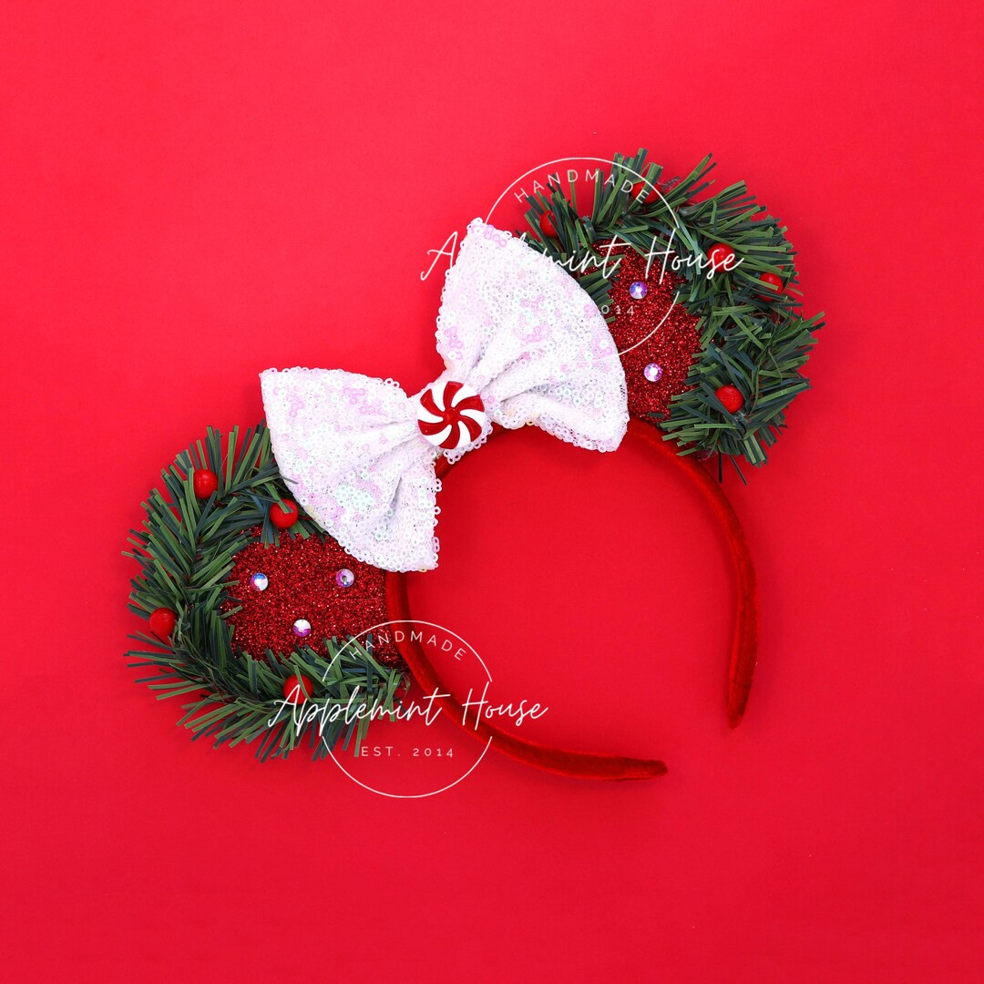 Mouse Ears Christmas Wreath Headband | Holiday Peppermint Candy Bow Minnie Ears | Red Green Spark... | Etsy (US)