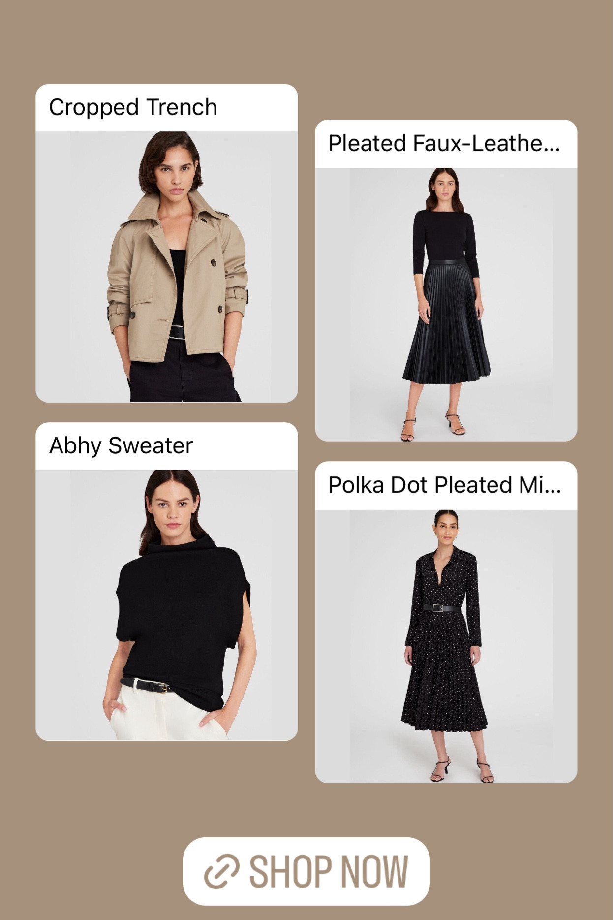 Fall wardrobe essentials from Club Monaco: the cropped trenchcoat, fleeted, leather midi skirt, knit slouch sweater, polkadot dress. Beautiful and timeless pieces for your fall capsule wardrobe. #classyfashion #oldmoneyaesthetic #quietluxury #capsulewardrobe 

#LTKWorkwear #LTKFallSale #LTKSaleAlert