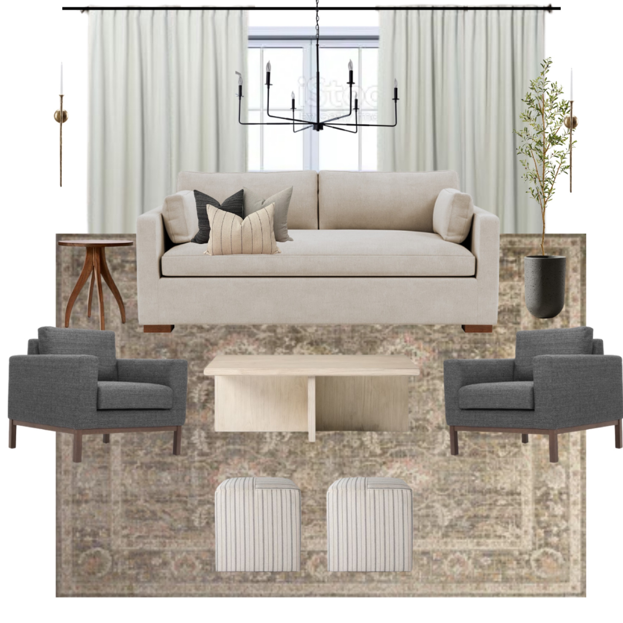 Neutral living room design, white neutral couch, accent chair, oak coffee table, square coffee table, round accent table, walnut accent table, black chandelier, black modern lighting, linen curtains 

#LTKhome #LTKfamily #LTKstyletip