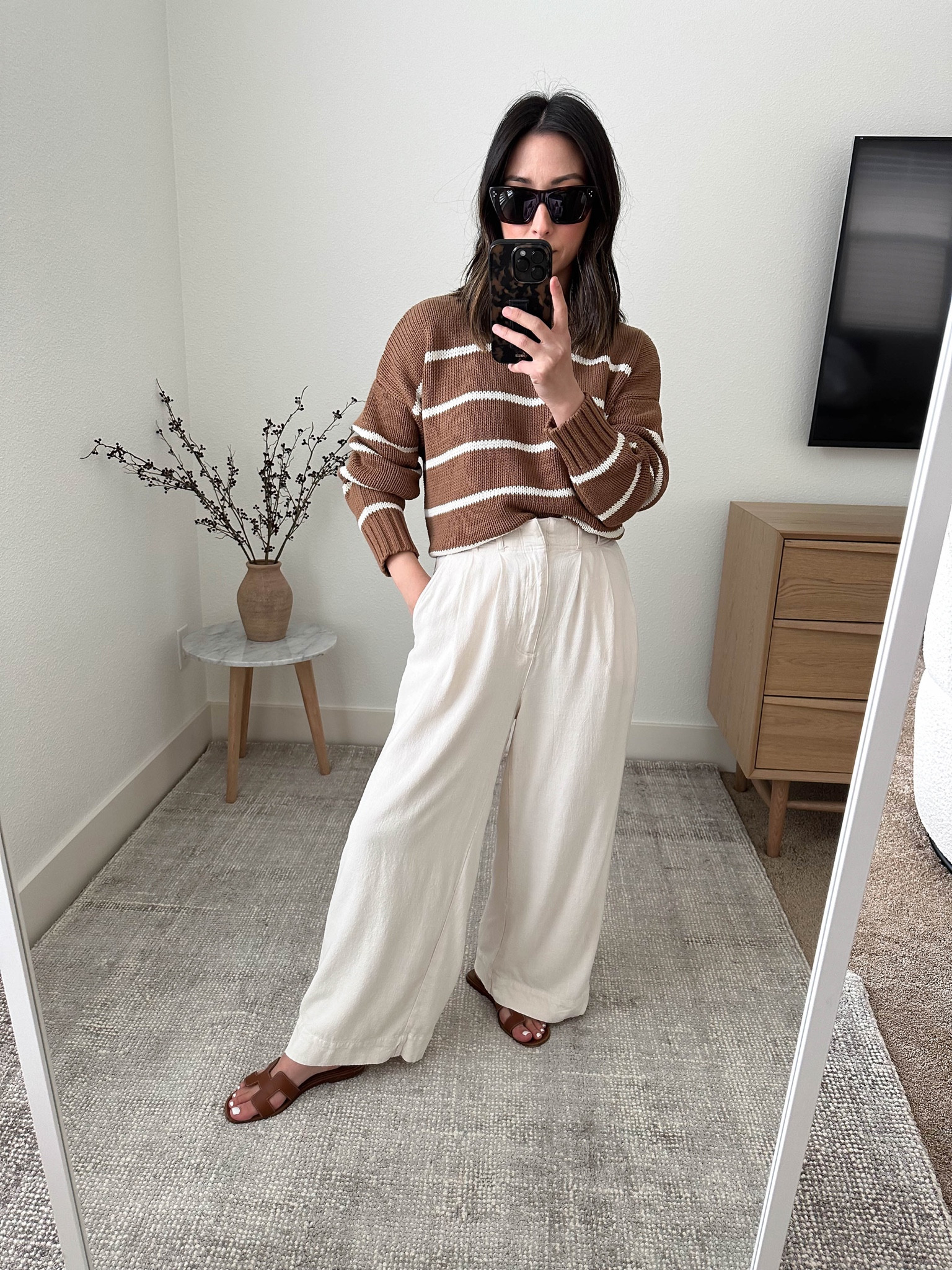 Jenni Kayne Chloe sweater in camel stripe. Size down. 

Use code RESET20 for 20% off. 

Sweater - Jenni Kayne xs. Need the xxs
Pants - Z supply xs
Sandals - Hermes 35
Sunglasses - Celine 

Petite Style, Neutral outfit, capsule wardrobe, minimal style, street style outfits, Affordable fashion, Spring fashion, Spring outfit,

#LTKSeasonal #LTKshoecrush #LTKsalealert