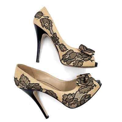 Valentino Lace Raffia Bow Peep-Toe Pumps Beige & Black Heels Floral Sz 39 / 9 | eBay US