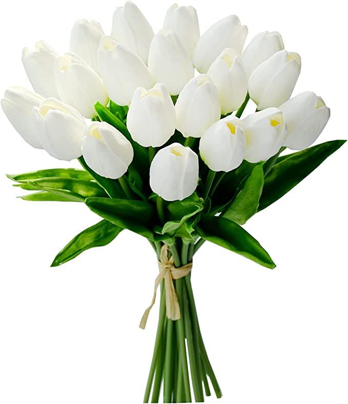 Mandy's 20pcs Pure White Flowers Artificial Tulip Silk Flowers 13.5" for Home Kitchen Wedding Dec... | Amazon (US)