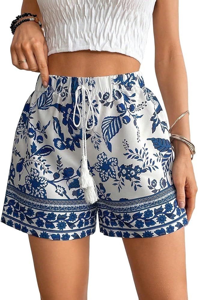 WDIRARA Women's Loose Boho Casual Summer Shorts Floral Print Elastic High Waist Knot Comfy Wide L... | Amazon (US)
