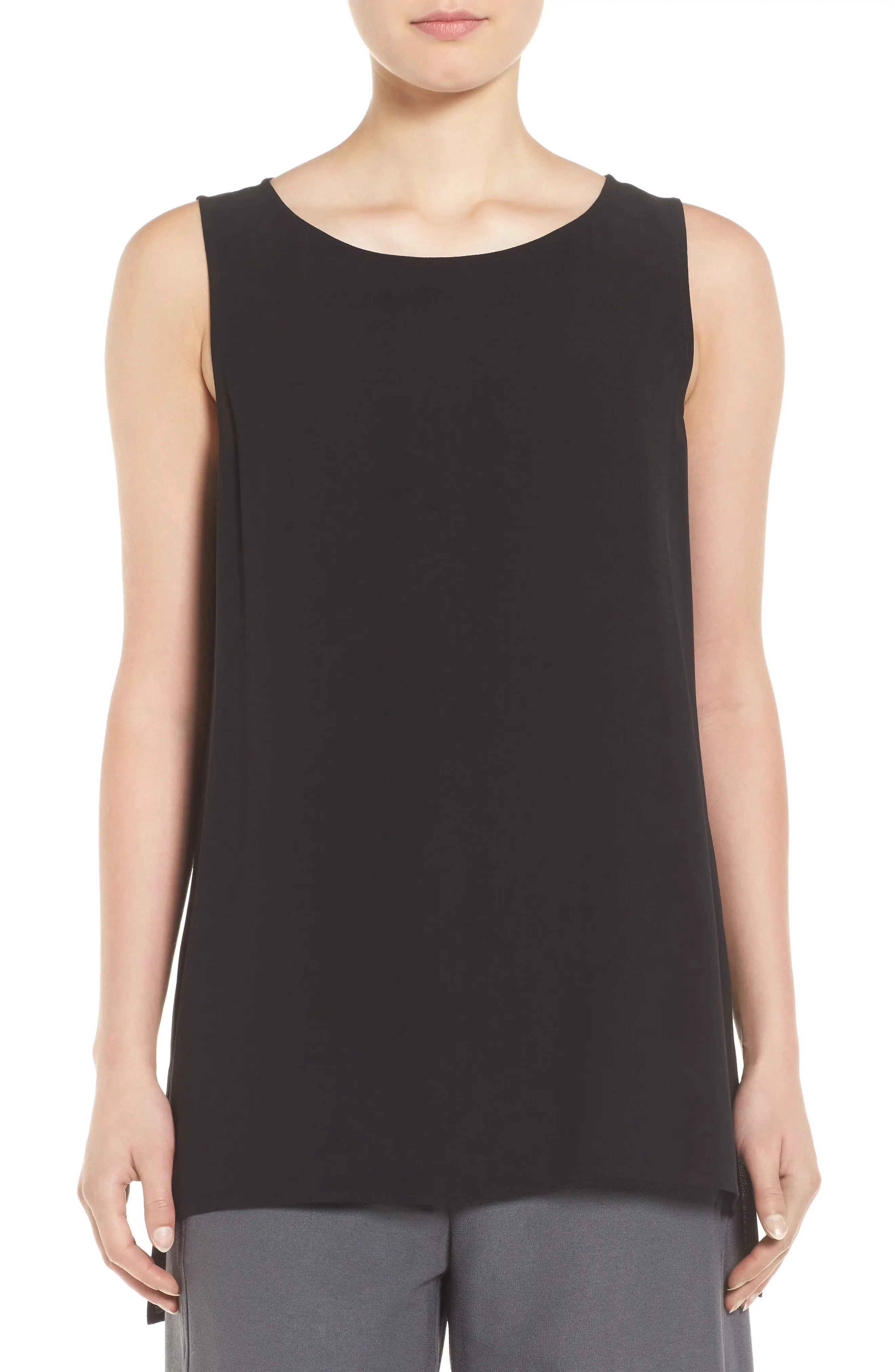Women's Eileen Fisher Silk Crepe Bateau Neck Shell, Size Large - Black | Nordstrom