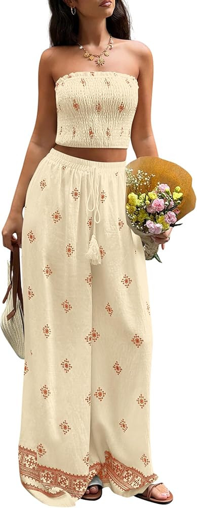 PRETTYGARDEN 2 Piece Sets for Women Summer 2026 Travel Outfits Print Tube Tops Wide Leg Pants Bea... | Amazon (US)