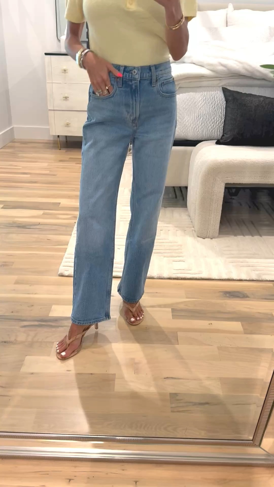Light wash straight jeans wearing 23 x short code DENIMAF. With neutral kitten heel

#LTKOver40 #LTKPetite #LTKSaleAlert