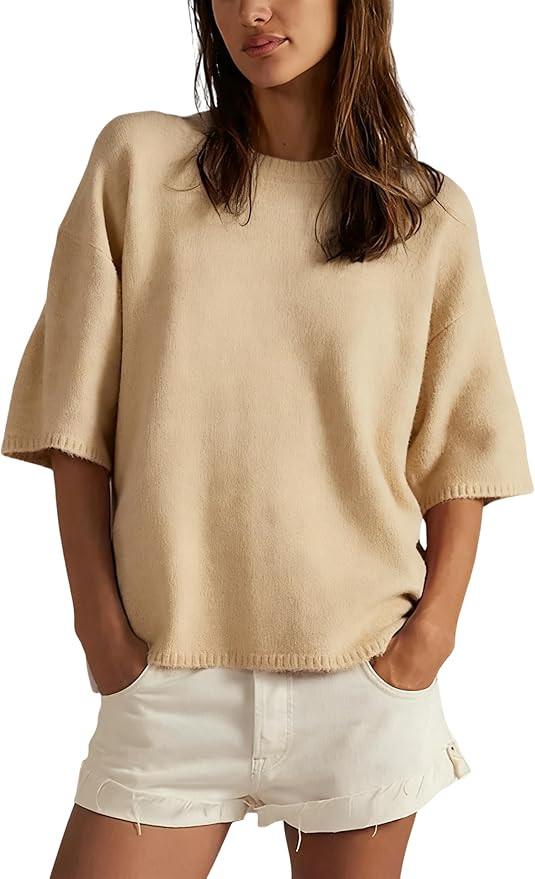 Yeokou Women Sweater Tee Casual Crewneck Short Sleeve Pullover Top Ribbed Knit Loose Shirt | Amazon (US)