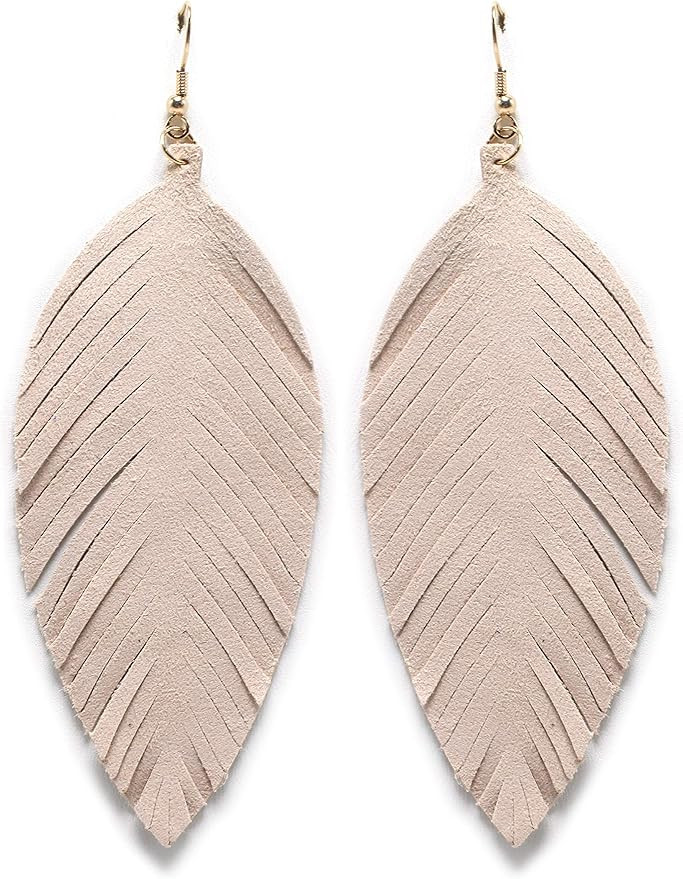 Large Genuine Soft Leather Handmade Fringe Feather Lightweight Tear Drop Dangle Color Earrings fo... | Amazon (US)