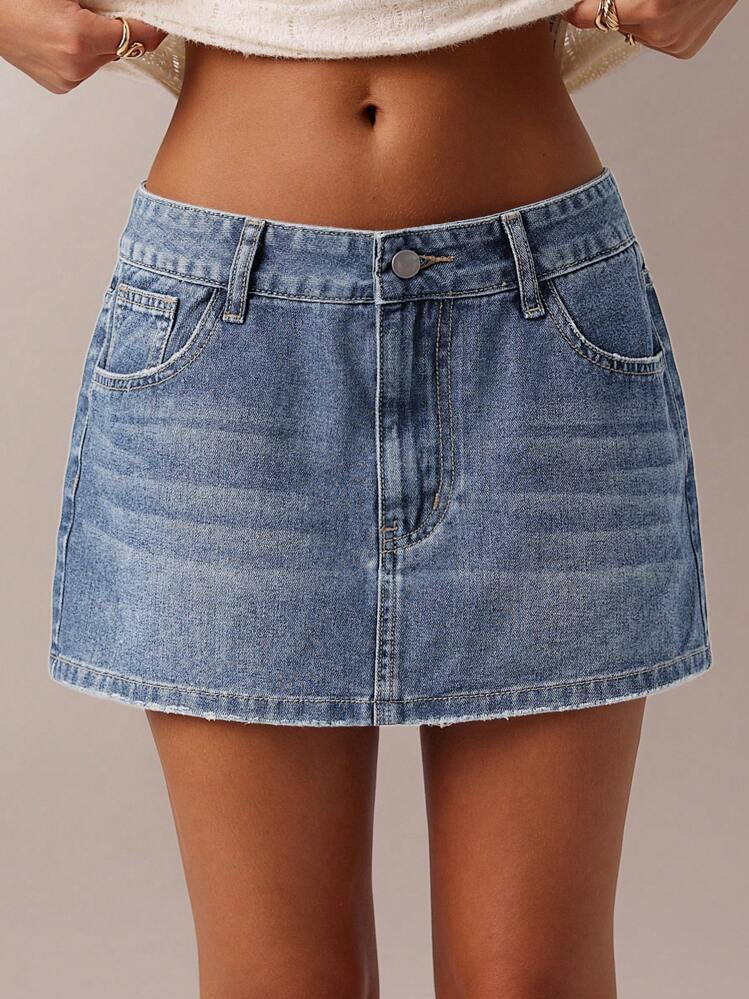 SHEIN Forever 21 Neue Ankunft Frühlingsfrauen Jeans A-Linie Rock Mit Herzkragen, Umkehrbarer Herzausschnitt, Zweifarbige Stickereidekorationen | SHEIN