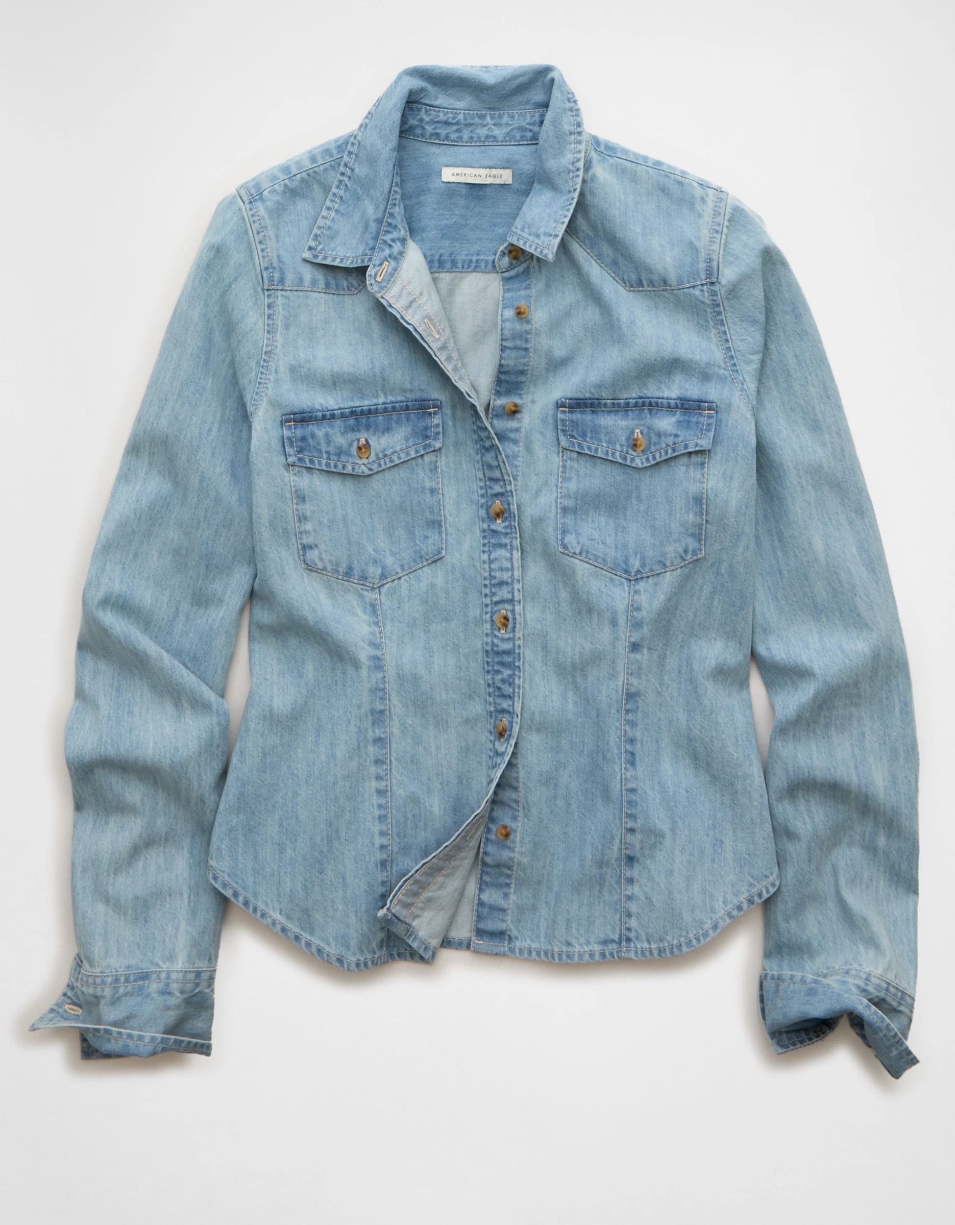 AE Fitted Denim Button-Up Shirt | American Eagle Outfitters (US & CA)