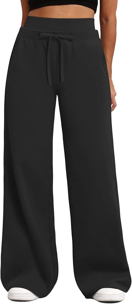 HeSaYep Women's Wide Leg Sweatpants Double Waisted Baggy Sweat Pants with Pockets | Amazon (US)