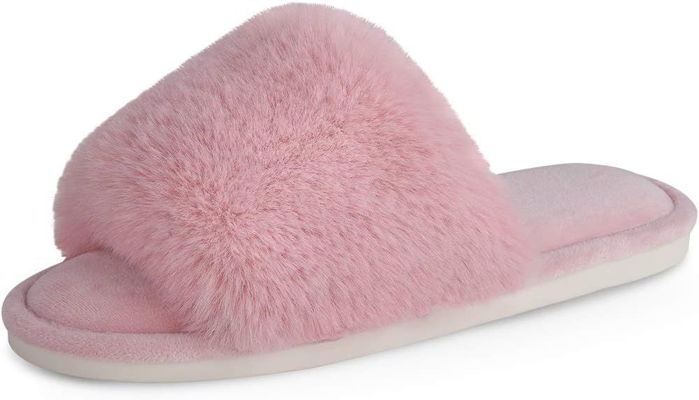 Women's Faux Fur Slippers Fuzzy Flat Spa Fluffy Open Toe House Shoes Indoor Outdoor Slip on Memor... | Amazon (US)