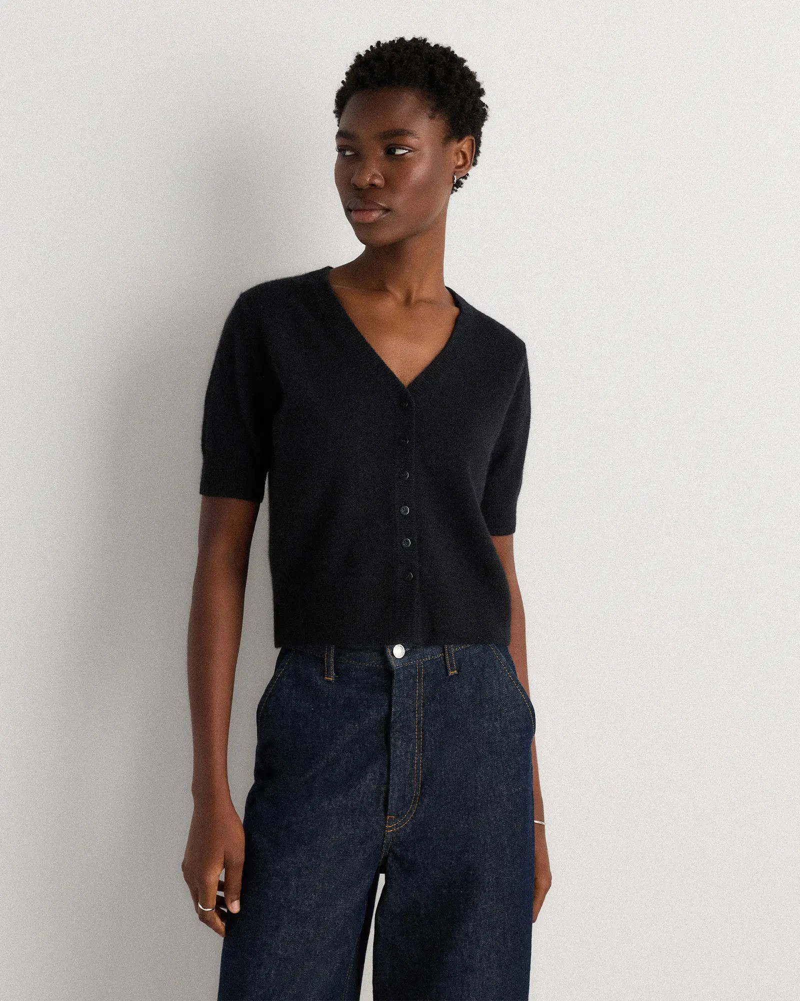 Mongolian Cashmere Short Sleeve Cardigan in Black | Quince