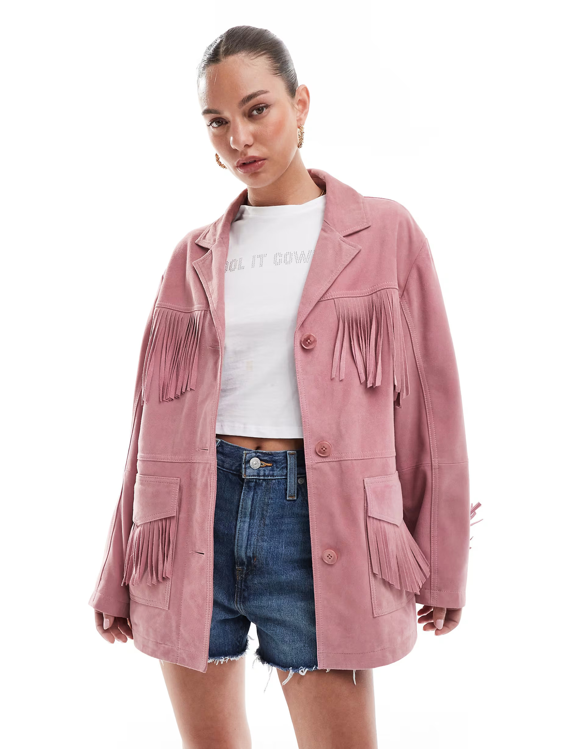 ASOS DESIGN premium suede tassel jacket in pastel pink | ASOS (Global)