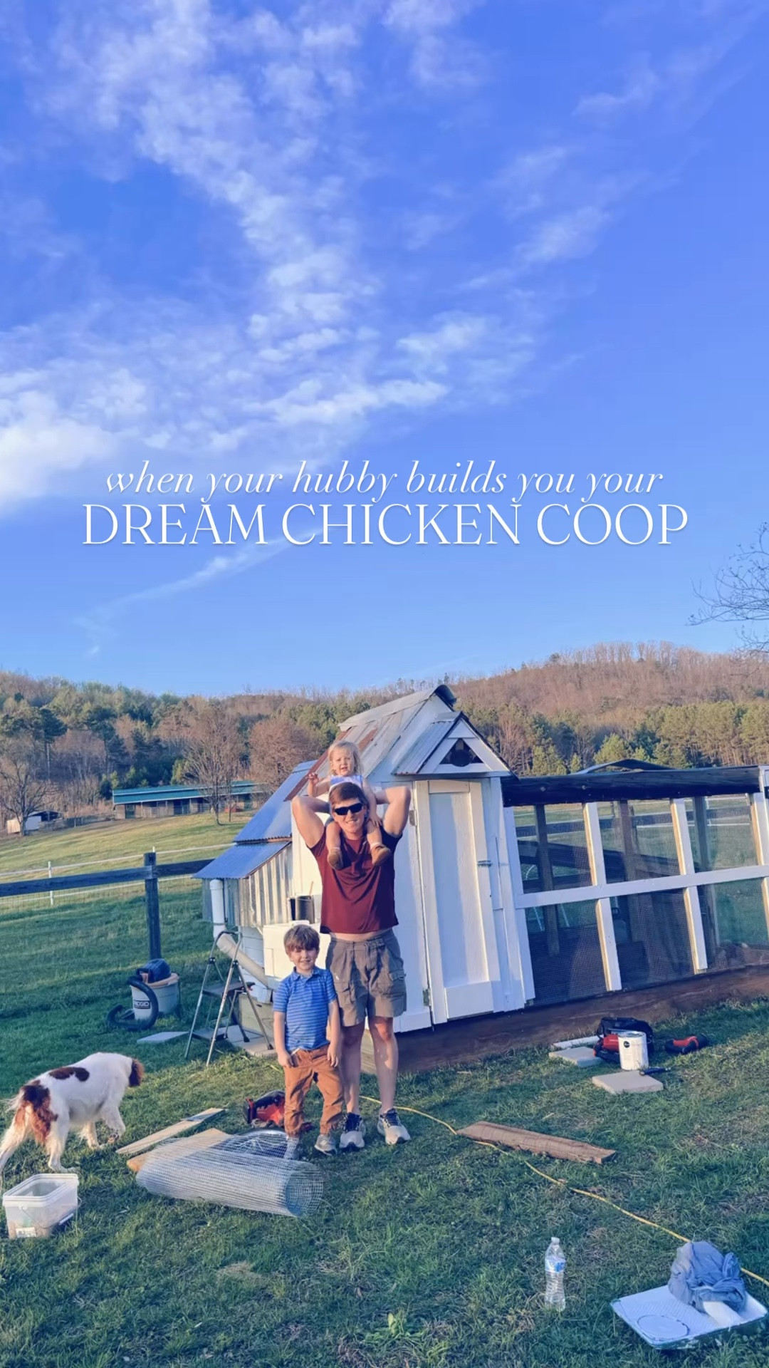This man makes all of my dreams come true 🤭🐥🥰🐓🌸🛠️🪵🐣🧺🥚 I love you forever and ever, @wesmabry 😘😍 #dreamchickencoop #daddygavelifetomamasdream #lovethisman #chickencoopofmydreams #chickencoopsofinstagram 

Ohhh how I adore this man 😘😍 and this backyard view ⛰️🪻 - and truly couldn’t have dreamed up a prettier coop 🐓🪵 if I tried!! 🥹 All @wesmabry and his designs (he literally made it up as he want)… what a MAN!!! 😮‍💨🔥🛠️ This is your sign 🪧 to never (!!) settle ladies… the man of your dreams 💭 exists and the Lord has molded and created him just for you!! 🙏🤍

It is perfect 🐓🪵 and everything I dreamed of and more!!! 🤍 He even used old barn wood from his parents’ barn that his Dad built - how special and sentimental is that?! 🫶🏽 And sweet Wes even had Judson help him with some touch-up paint, too!! 🥰🙌🏽 What a precious memory of the coop my man hand-built for us!!! 🛠️🤠

Feels like I’m living in a dream 💭 come true these days ☀️ with all these sweet country boys of mine 👶🏼🩵🤠 and all of our chickadees 🐥🐓🐣 out here (!!) on the forever farm we always dreamed of and prayed 🙏 for to raise our babies 👶🏼 and plant our roots!! 🙌🏽🧺🌳