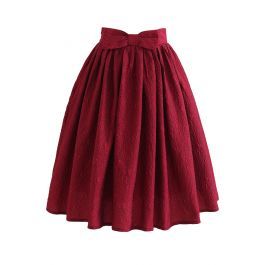 Bowknot Waist Florets Jacquard Midi Skirt in Red | Chicwish