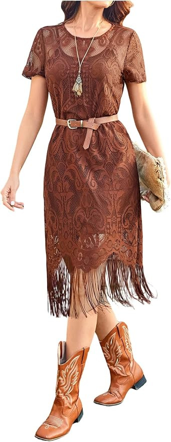 WDIRARA Women's Western Concert 2 Piece Outfits Short Sleeve Sheer Fringe Dress and Cami Dress Se... | Amazon (US)