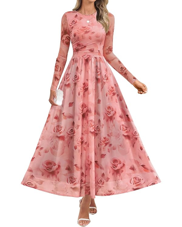 ZESICA Women's Maxi Dress 2026 Spring Long Sleeve Crewneck Floral Print Mesh Ruched Party Wedding... | Amazon (US)
