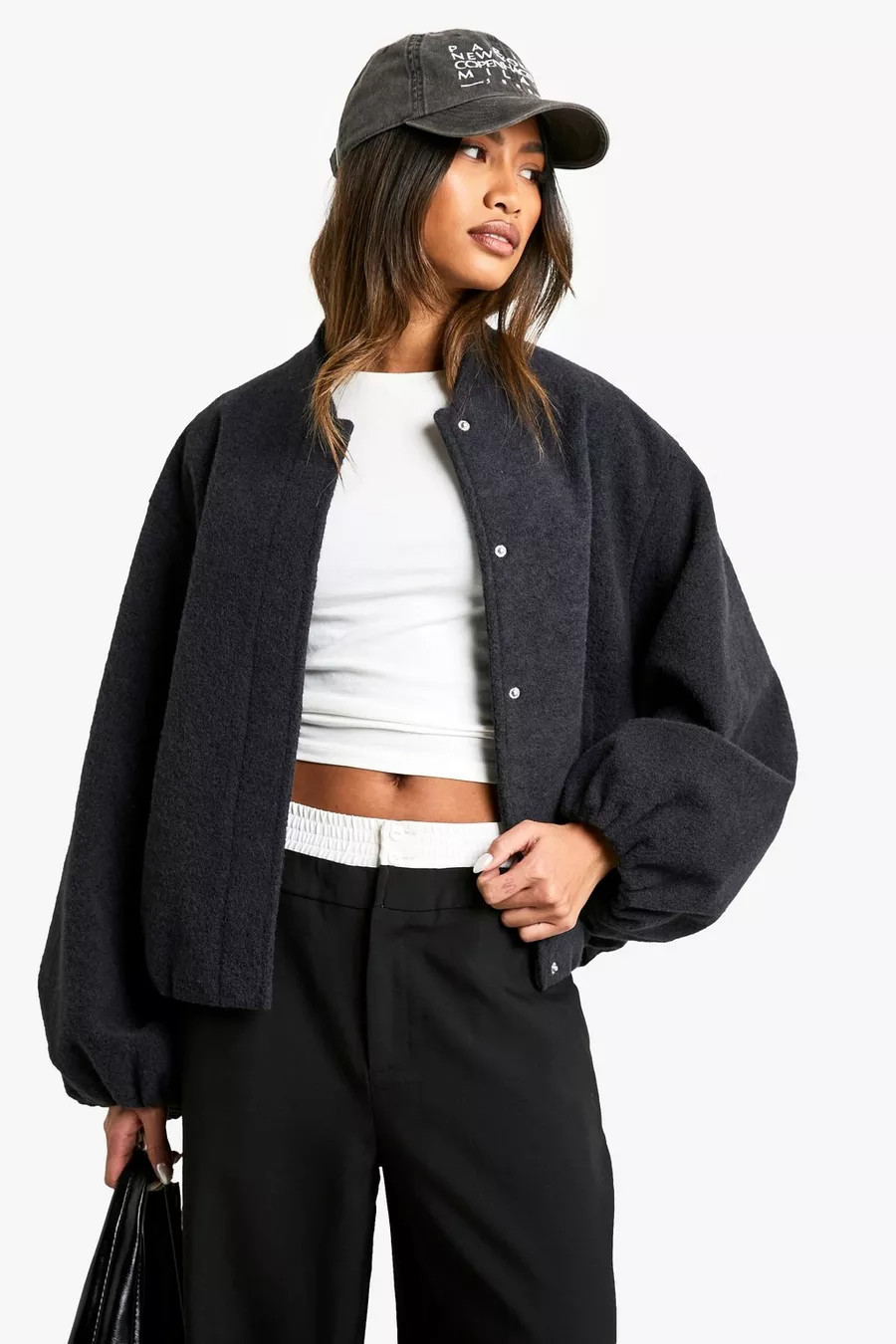 Balloon Sleeve Wool Look Bomber Jacket | boohoo (US & Canada)