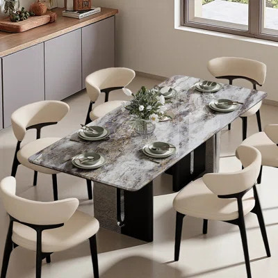 78.75'' Modern Rectangular Dining Table, Kitchen Table With High-gloss Sintered Stone Tabletop, 2 High-quality Wooden Legs Joined By Stainless Steel | Wayfair North America