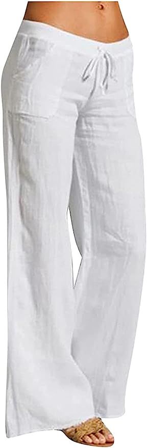 RUSHAIBAR Women's Cotton Linen Long Lounge Pants High Waist Drawstring Loose Fit Casual Trousers ... | Amazon (US)