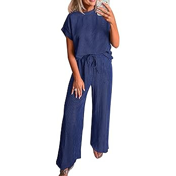 KIRUNDO 2 Piece Sets for Women Dressy Casual Ribbed Knit Short Sleeve Tops Wide Leg Pants Lounge ... | Amazon (US)