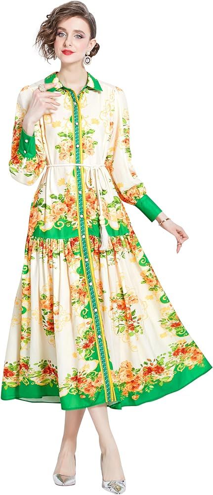 LAI MENG FIVE CATS Women's Floral Print Maxi Dress Flowy Casual Button Up Long Dress | Amazon (US)