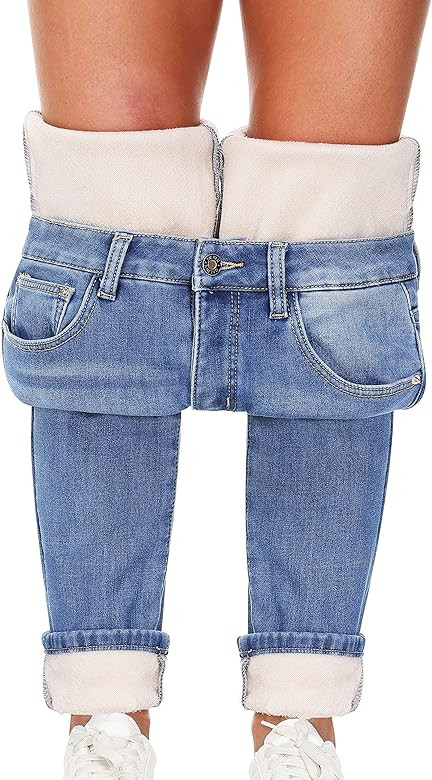 Women's Fleece Lined Jeans Thermal Flannel Lined Jeans Winter Warm Thicken Skinny Stretch Denim P... | Amazon (US)