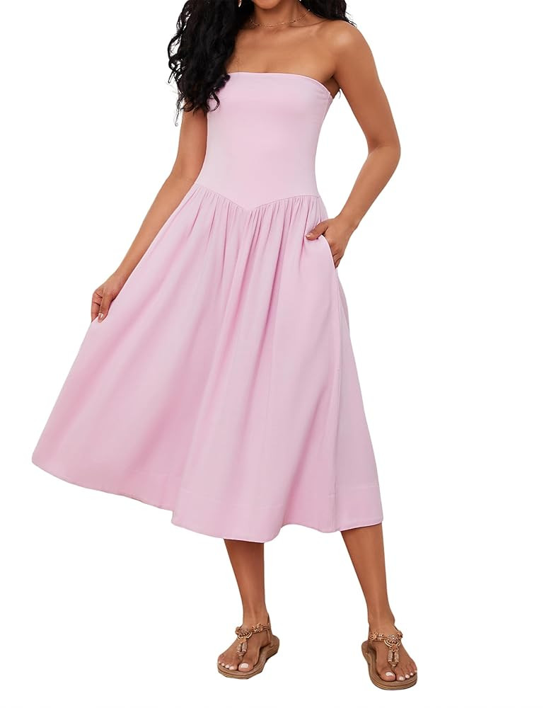 Livtany Women Off Shoulder Midi Dress Strapless Sleeveless Drop-Waist A Line Tube Dress Trendy Su... | Amazon (US)
