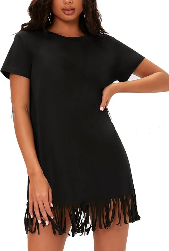 Milumia Women's Casual Fringe Hem Short Sleeve Round Neck Solid Tee Tshirt Dress | Amazon (US)