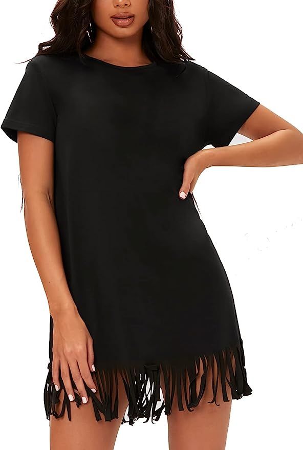 Milumia Women's Casual Fringe Hem Short Sleeve Round Neck Solid Tee Tshirt Dress | Amazon (US)