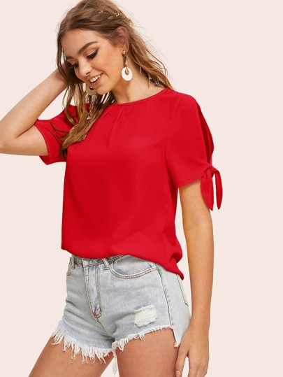 SHEIN Knot Cuff Split Sleeve Solid Top | SHEIN