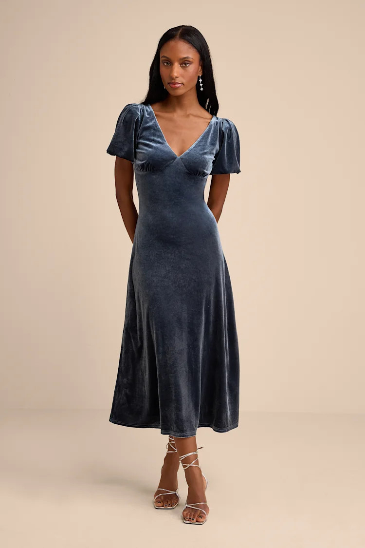 Obrissa Slate Blue Velvet Puff Sleeve Tie-Back Midi Dress | Lulus